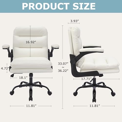 VECELO Ergonomic Swivel Office Desk Chair with Flip-up Armrest and Adjustable Height, Lumbar Support & PU Leather Thickened Cushion, for Computer Task Work, White