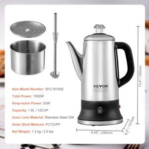 VEVOR Electric Percolator Coffee Pot 12-Cup, 304 Stainless Steel Coffee Percolator, 1000W, Automatic Keep-Warm & Split Power Base