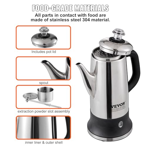 VEVOR Electric Percolator Coffee Pot 12-Cup, 304 Stainless Steel Coffee Percolator, 1000W, Automatic Keep-Warm & Split Power Base