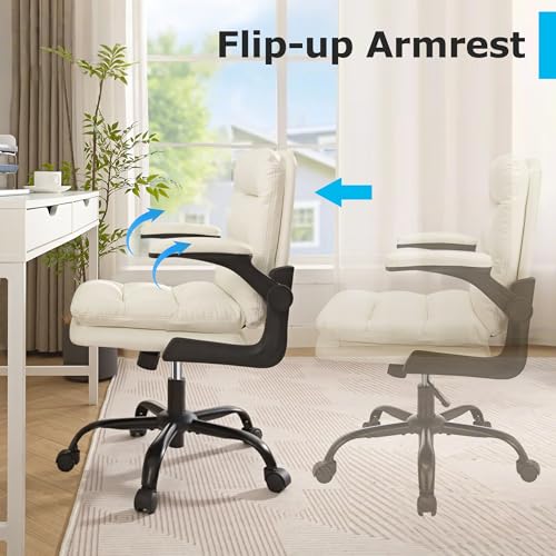 VECELO Ergonomic Swivel Office Desk Chair with Flip-up Armrest and Adjustable Height, Lumbar Support & PU Leather Thickened Cushion, for Computer Task Work, White