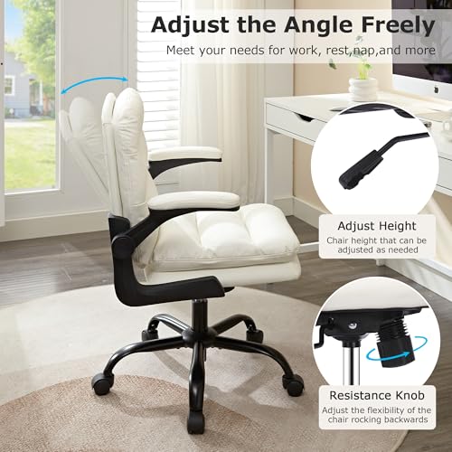 VECELO Ergonomic Swivel Office Desk Chair with Flip-up Armrest and Adjustable Height, Lumbar Support & PU Leather Thickened Cushion, for Computer Task Work, White