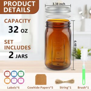 CARBLIN 2 Pack Mason Jars 32 oz, Amber Wide Mouth Canning Jars with Airtight Lids, Glass Pint Jars with Bands Labels Brush, Large Storage Quart Jars for Jam Fermenting Preserving