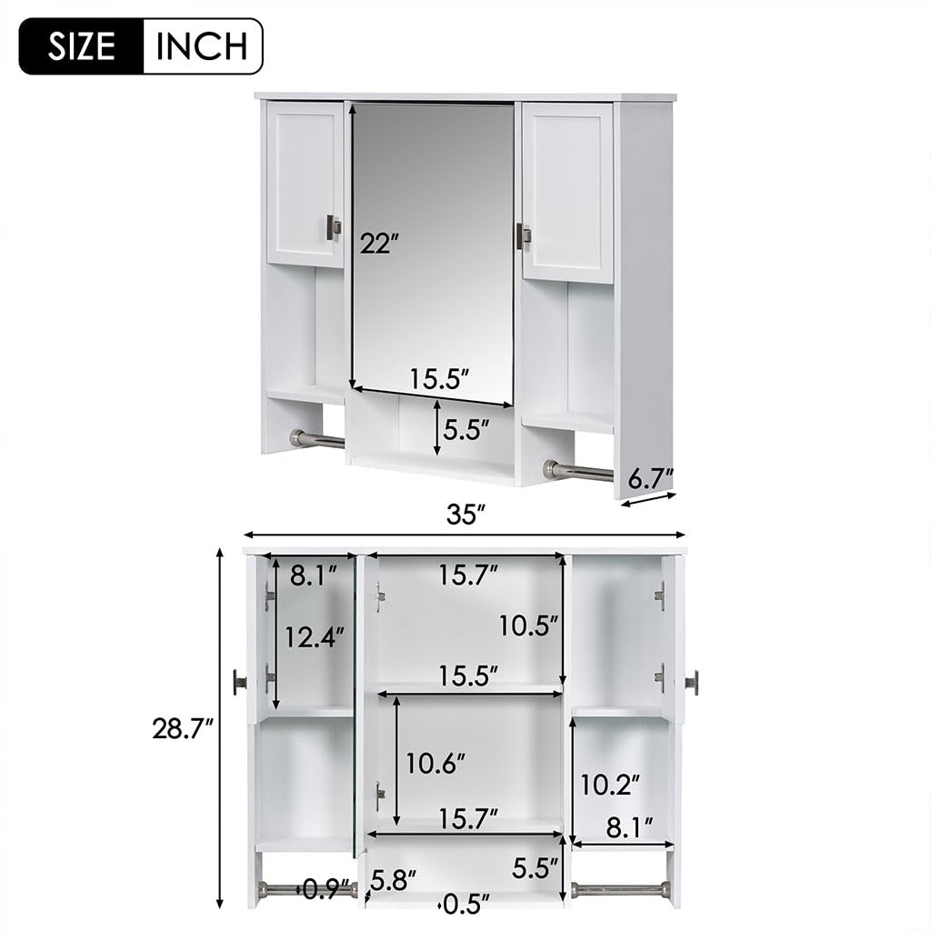 HOYOC 35'' x 28'' Medicine Cabinet, Modern Wall Mounted Bathroom Storage Cabinet with Mirror and Towels Bar Bathroom Storage Cabinet Over The Toilet with 2 Door and Adjustable Shelves,White