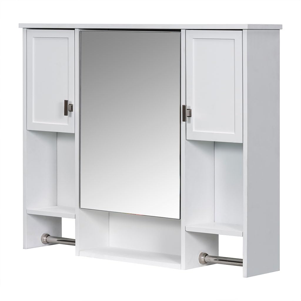 HOYOC 35'' x 28'' Medicine Cabinet, Modern Wall Mounted Bathroom Storage Cabinet with Mirror and Towels Bar Bathroom Storage Cabinet Over The Toilet with 2 Door and Adjustable Shelves,White