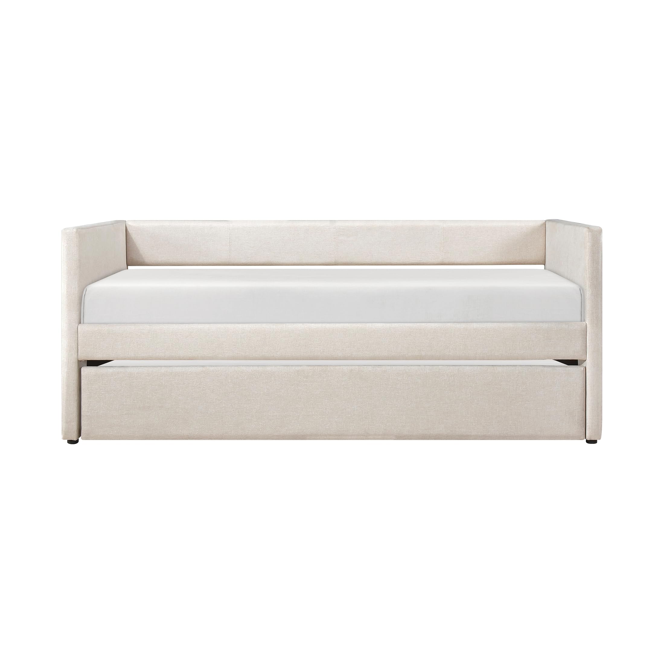 Lexicon Upholstered Daybed with Trundle, Textured Fabric Twin Day Bed Frame with Backrest and Wood Slat Support, Twin Trundle Daybed Sofa Bed for Bedroom Guest Room, No Box Spring Needed, Beige