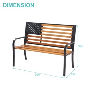 QUYZE 50”Outdor Bench, Cast Iron Metal Frame Garden Bench with American Flag Backrest,Thermoplastic Coated Patio Bench Slatted Park Bench for Porch Yard Lawn Deck