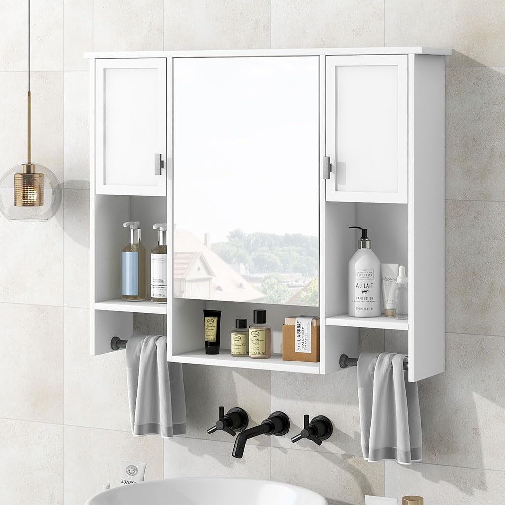 HOYOC 35'' x 28'' Medicine Cabinet, Modern Wall Mounted Bathroom Storage Cabinet with Mirror and Towels Bar Bathroom Storage Cabinet Over The Toilet with 2 Door and Adjustable Shelves,White