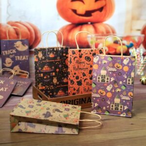 Betdzzt 24Pcs Halloween Bags, 10 * 7 * 3 in Party Favor Bags With Hand Goodie Bags, Paper Trick or Treating Gift Bag Bulk in 6 Halloween Colored Candy Bags for Party Supplies Paper Bags