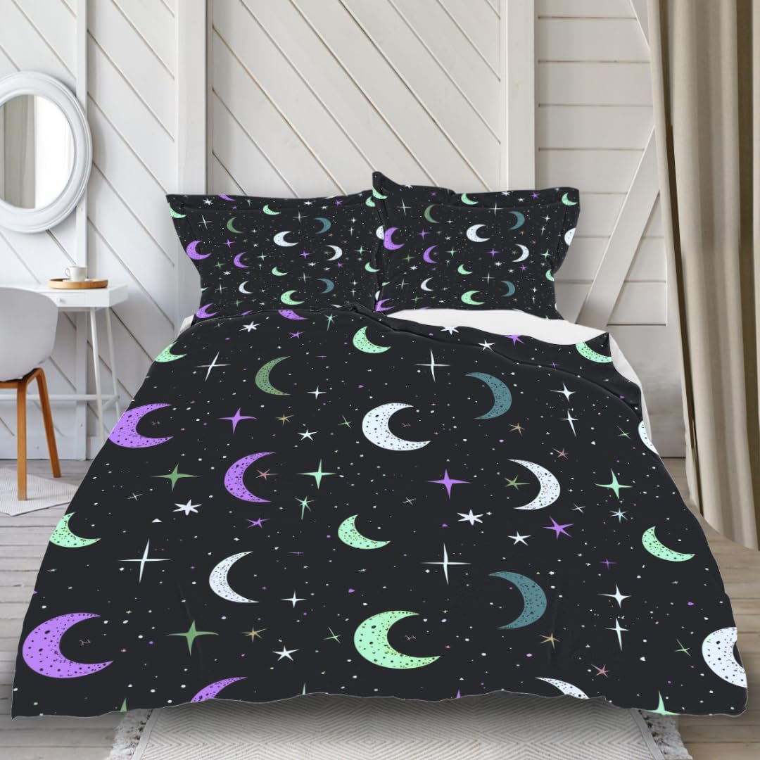 DiuuDi Cosmic Starry Duvet Cover Twin Size 3D Printed Black Background Duvet Cover Set Purple Moon White Stars Bedding Set Home Decoration Comforter Cover Cosy Quilt Cover with 2 Pillowcases