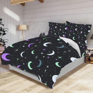 DiuuDi Cosmic Starry Duvet Cover Twin Size 3D Printed Black Background Duvet Cover Set Purple Moon White Stars Bedding Set Home Decoration Comforter Cover Cosy Quilt Cover with 2 Pillowcases