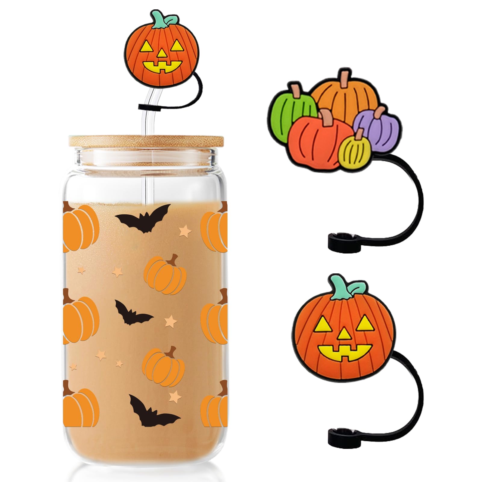 Halloween Pumpkins & Bats Glass Cup with Fall Silicone Straw Covers, Cute Halloween Gifts for Her – 16 oz Iced Coffee Tumbler with Lid & Straw, Spooky Boo Basket Stuffers Items for Women