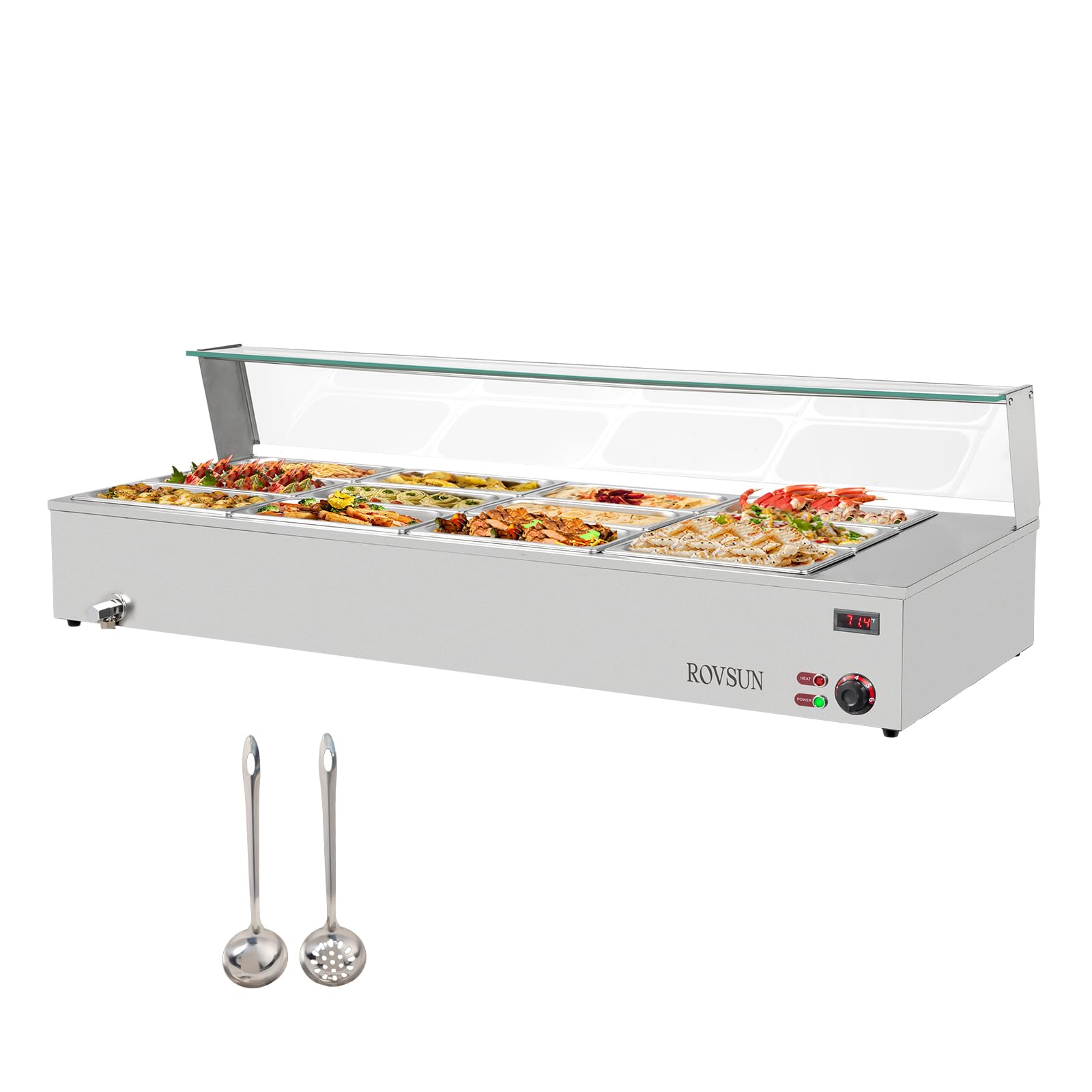 ROVSUN 96QT Steam Table, 12-Pan Electric Commercial Food Warmer Stainless Steel Bain Marie Countertop w/Glass Shield Temperature Control & Lid for Buffet Party Catering Restaurant 8QT/Pan 1500W 110V