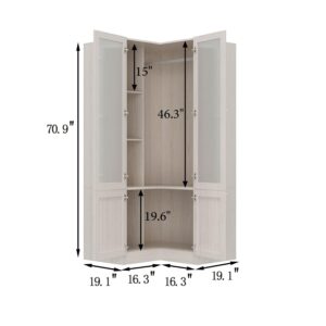 TAMUNE L-Shape Wardrobe Armoire Closet with Hanging Rod & Shelf, Bedroom Armoire with Frosted Glass Doors, Clothes Wardrobe with Gold Knobs, Wood Grain, 35.4”D x 35.4”W x 70.9”H