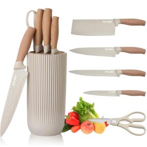 kitchen knife set, 6 pieces professional knife set with universal knife block, super sharp knife set with ergonomic handle, non-stick stainless steel knife block set (khaki)