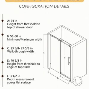 Miscoos Frameless 56-60" W x 74" H Single Sliding Shower Door, Matte Black, 5/16" SGCC Tempered Glass, Soft-Close, Adjustable Width, Easy Install