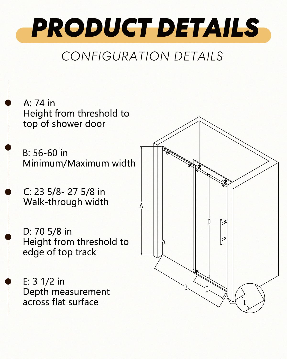 Miscoos Frameless 56-60" W x 74" H Single Sliding Shower Door, Matte Black, 5/16" SGCC Tempered Glass, Soft-Close, Adjustable Width, Easy Install