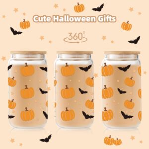 Halloween Pumpkins & Bats Glass Cup with Fall Silicone Straw Covers, Cute Halloween Gifts for Her – 16 oz Iced Coffee Tumbler with Lid & Straw, Spooky Boo Basket Stuffers Items for Women