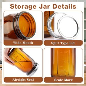 CARBLIN 2 Pack Mason Jars 32 oz, Amber Wide Mouth Canning Jars with Airtight Lids, Glass Pint Jars with Bands Labels Brush, Large Storage Quart Jars for Jam Fermenting Preserving