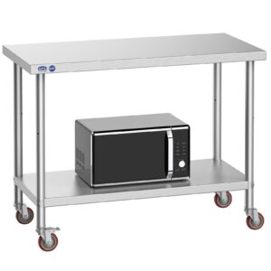 leteuke stainless steel prep table, nsf metal work table with wheels, sus201 commercial heavy duty table with adjustable undershelf, food prep table for restaurant kitchen - 48" x 24" x 37"