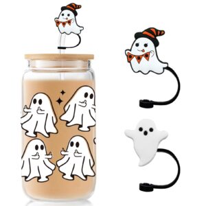 halloween ghost glass cups with lid & straw - 16 oz spooky halloween iced coffee tumbler, cute halloween gifts for women, teens girls, boo basket stuffers items, include 2 silicone straw covers