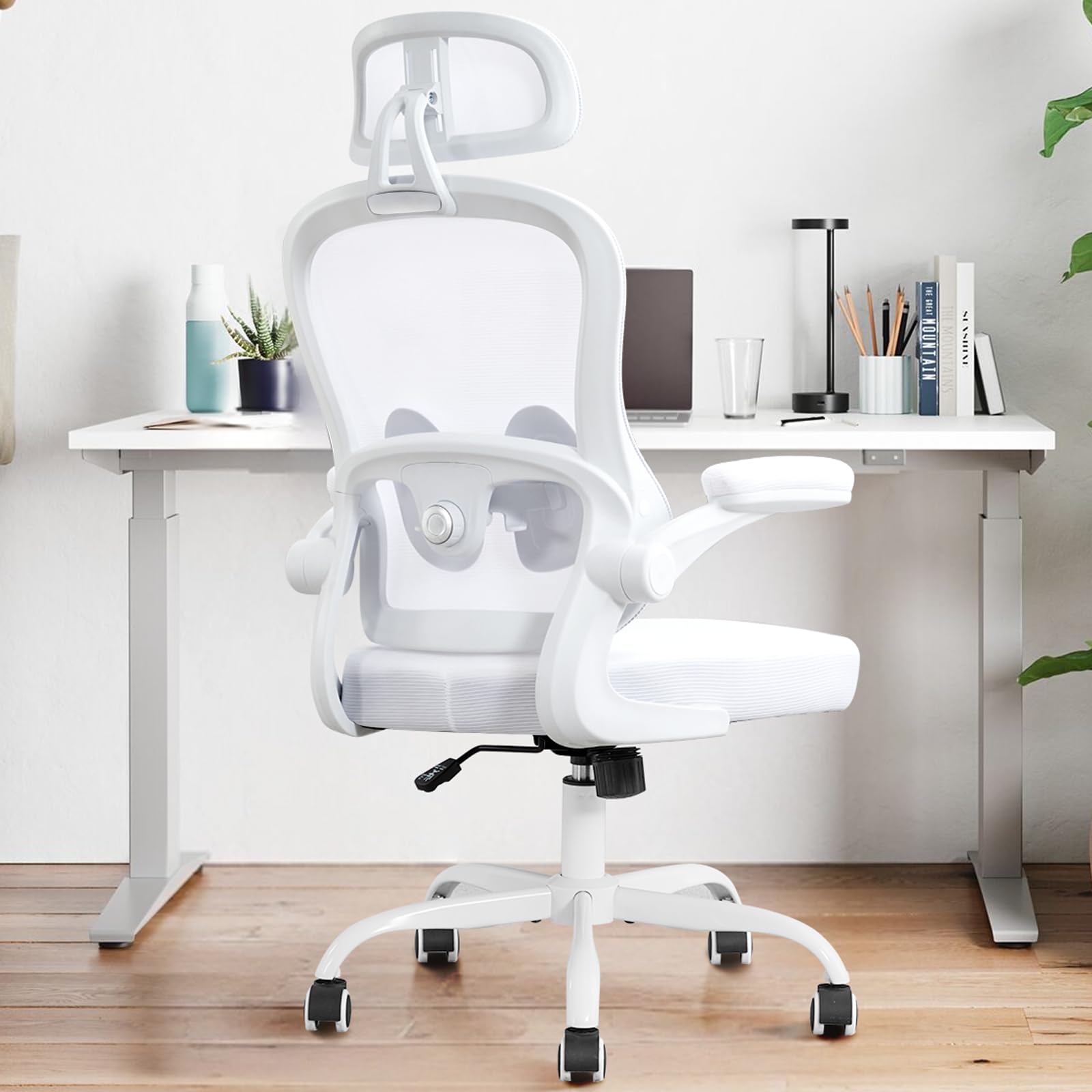 TUKAKA Ergonomic Office Chair,Ultra Thick Office Desk Chair with Adjustable Lumbar Support and Headrest,Spring Cushion,Rocking Function,Flip-up arms,Mesh Computer Chair for Home Office,White