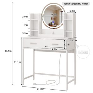 HDDDZSW Vanity Desk with Mirror and Lights, Make up Vanity Desk with Charging Station and 2 Drawers, Dressing Table with 3-Lighting-Modes Makeup Mirror, White Vanity Makeup Table for Bedroom