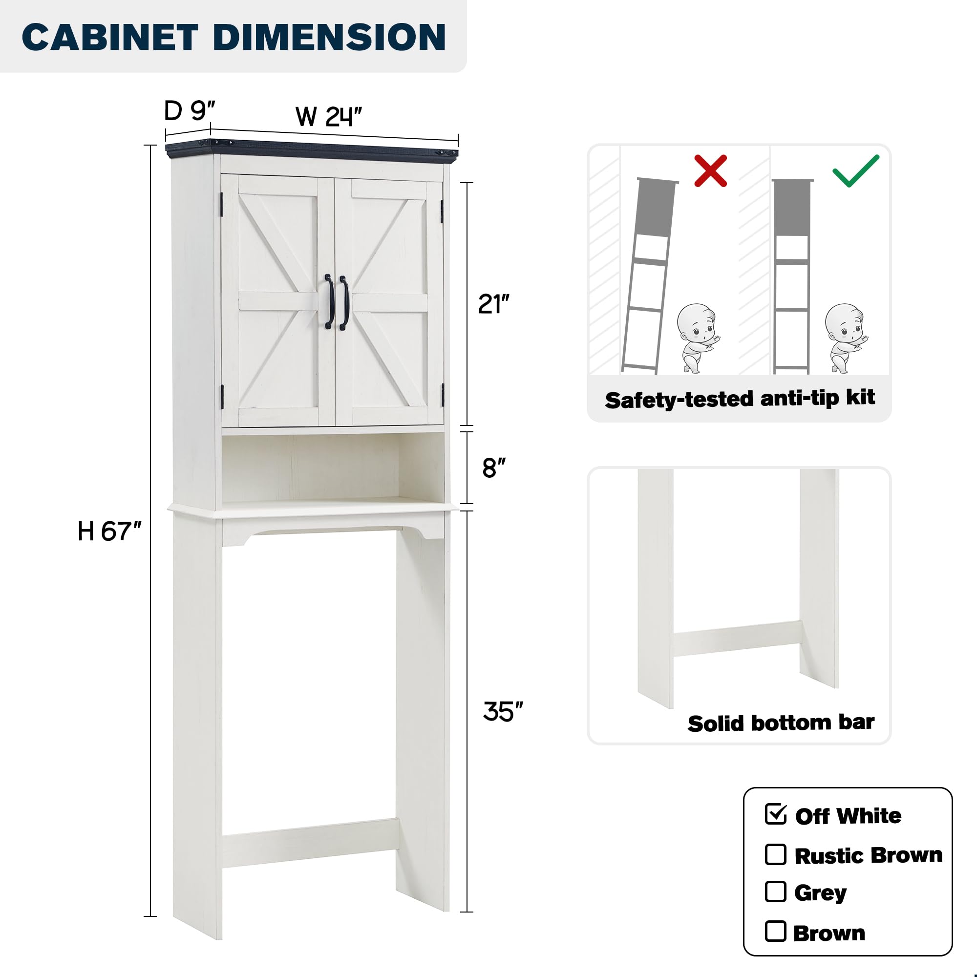 ACCOHOHO Over The Toilet Storage Cabinet, Farmhouse Bathroom Cabinet with Adjustable Shelf & Barn Door, 67" Tall Over The Toilet Shelf, Off White