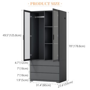 Vlsrka LED Armoire Wardrobe Closet Cabinet with 3 Drawers, 2 Doors Bedroom Storage Wardrobe with Lights, Adjustable Shelves, Hanging Rod, Modern Design, Grey - 70"