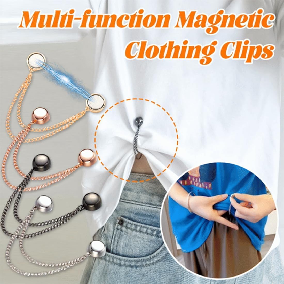 Multi-Function Magnetic Clothing Clips, Magnetic Clothing Clips, 4 Pack Powerful Hijab Magnets with Chain, Multi-Purpose Pinless Brooch for Cardigan, Cuff Hem (Silver + Rose Gold)