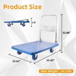 660lbs Foldable Dolly Cart with 4 Swivel Wheels Heavy Duty Platform Hand Truck Moving Flatbed Cart Push Cart for Groceries, Warehouse