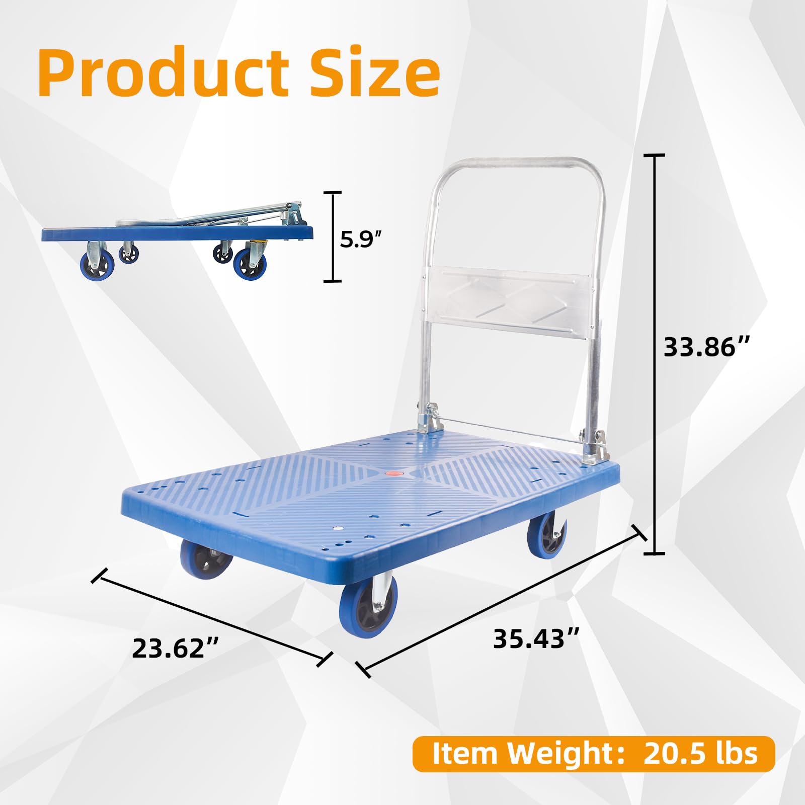 660lbs Foldable Dolly Cart with 4 Swivel Wheels Heavy Duty Platform Hand Truck Moving Flatbed Cart Push Cart for Groceries, Warehouse