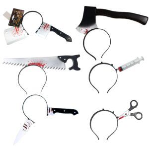 6 packs halloween costume horror headbands rubber plastic knife cleaver and scissor through head hair bands zombie accessories headbands for men women teen makeup scary costume halloween party favor