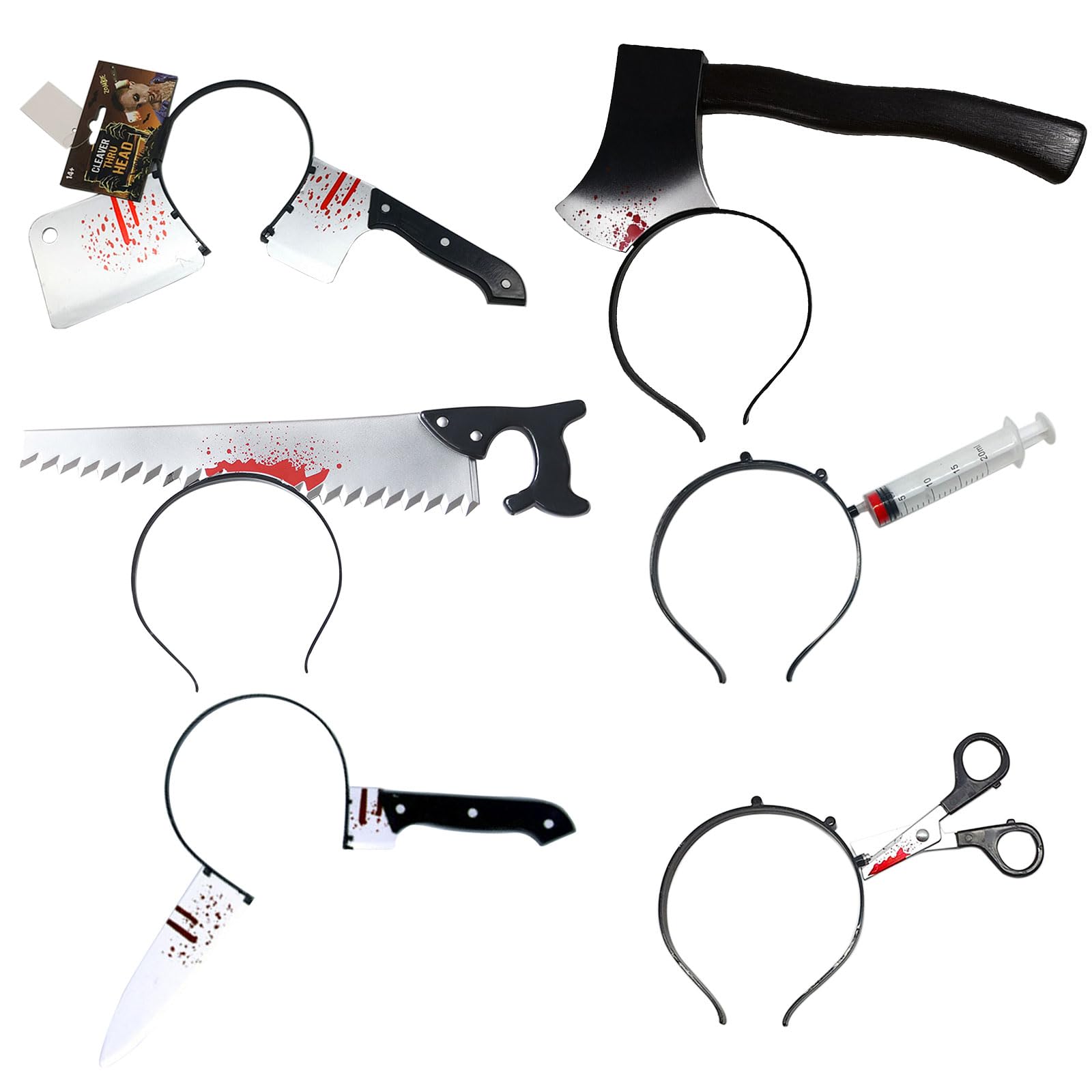 6 Packs Halloween Costume Horror Headbands Rubber Plastic Knife Cleaver and Scissor Through Head Hair Bands Zombie Accessories Headbands for Men Women Teen Makeup Scary Costume Halloween Party Favor