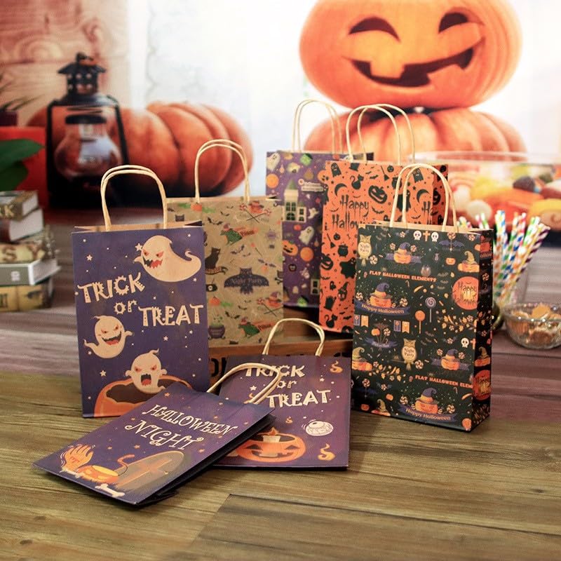 Betdzzt 24Pcs Halloween Bags, 10 * 7 * 3 in Party Favor Bags With Hand Goodie Bags, Paper Trick or Treating Gift Bag Bulk in 6 Halloween Colored Candy Bags for Party Supplies Paper Bags