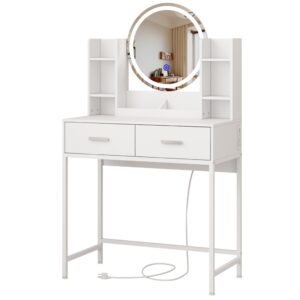 HDDDZSW Vanity Desk with Mirror and Lights, Make up Vanity Desk with Charging Station and 2 Drawers, Dressing Table with 3-Lighting-Modes Makeup Mirror, White Vanity Makeup Table for Bedroom