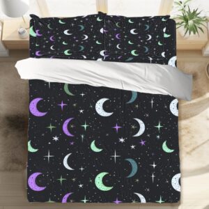 DiuuDi Cosmic Starry Duvet Cover Twin Size 3D Printed Black Background Duvet Cover Set Purple Moon White Stars Bedding Set Home Decoration Comforter Cover Cosy Quilt Cover with 2 Pillowcases