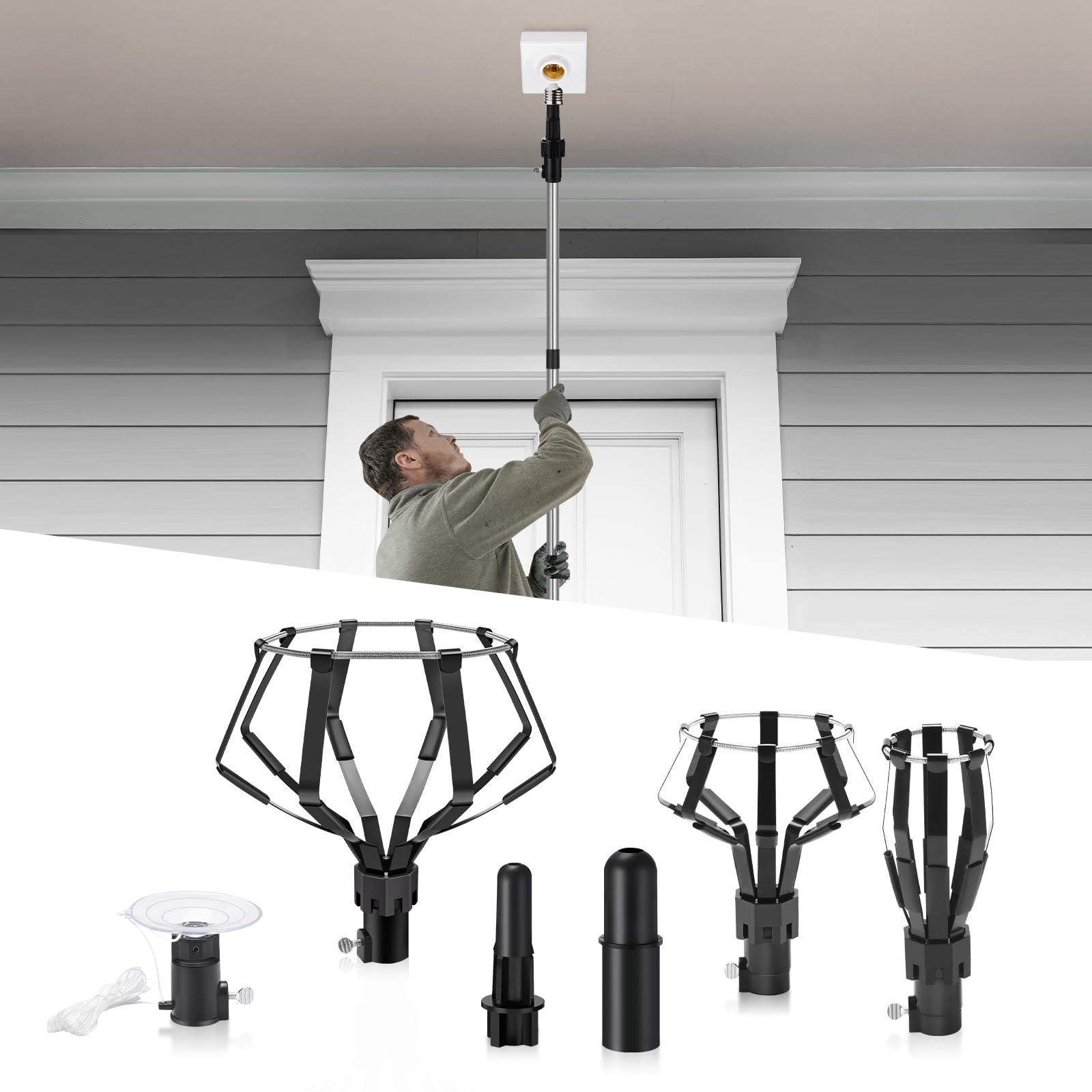 GADFISH 12FT Light Bulb Changer for High Ceilings, 5-Piece Light Bulb Changer with Broken Bulb Extractor, Baskets and Suction Cup, High Ceiling Light Bulb Changer with Pole - Light Bulb Removal Tool