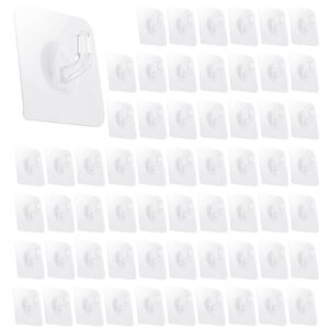 molain 60pcs clear adhesive hooks for hanging, transparent reusable heavy duty wall hooks small acrylic sticky hangers with non marking sticker for home kitchen bathroom office use