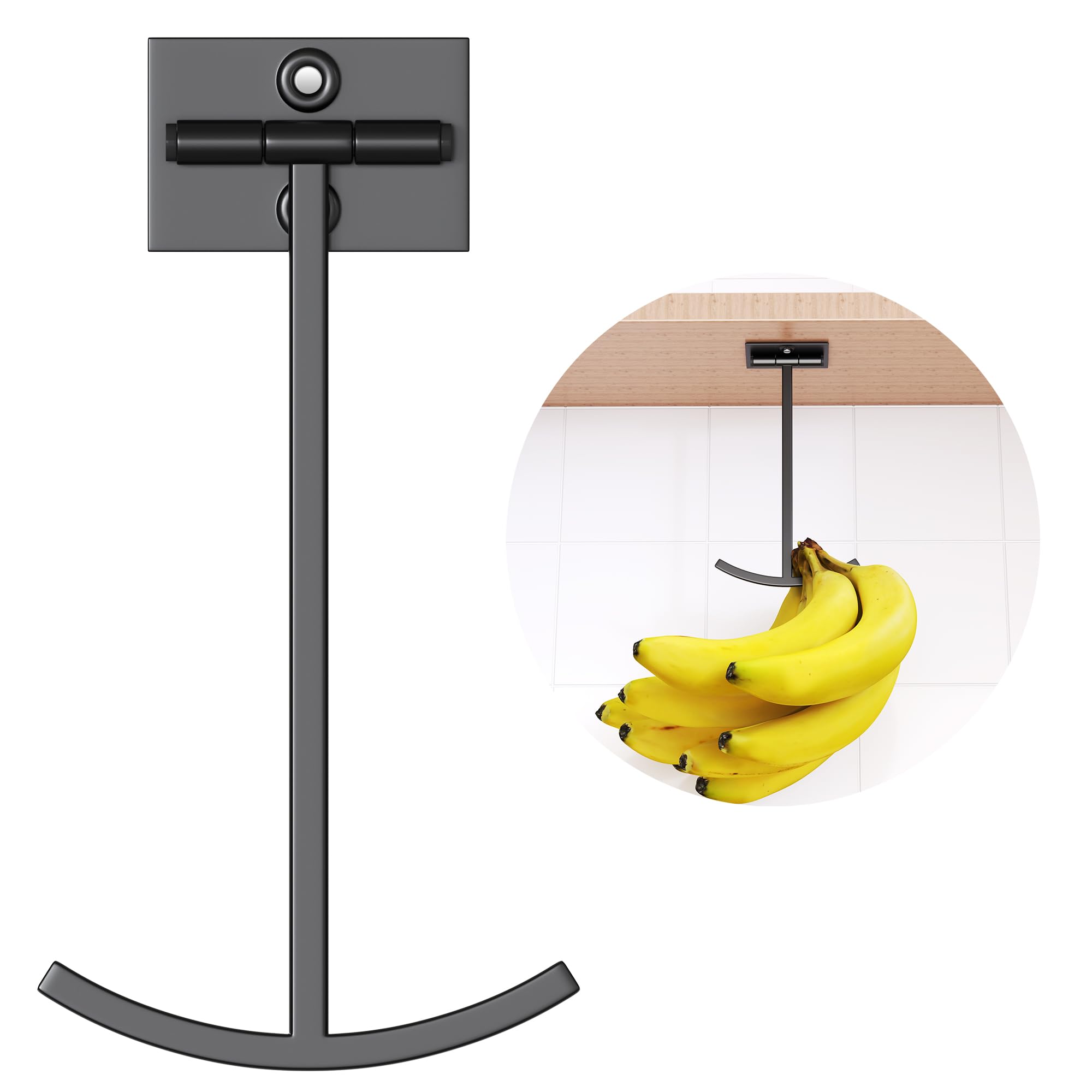 Josmimic Banana Hook Under Cabinet - Adhesive Banana Hanger Under Counter, Metal Banana Holder Stand for Hanging Bananas or Kitchen Utensil, Keeps Bananas Fresh, Black, 1 Pack