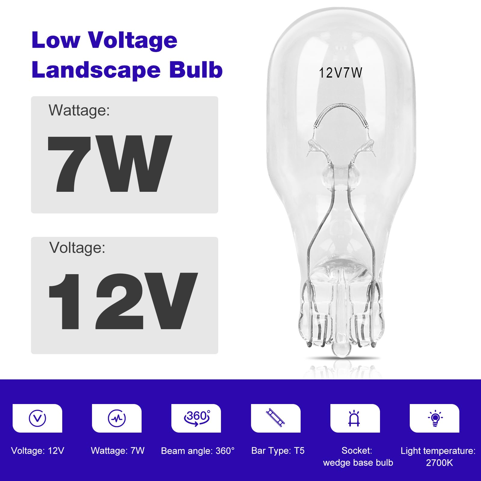 JIOTAR 20 Pcs-7 Watt 12 Volt Landscape Light Bulbs/ T5 Low Voltage Lighting Bulbs Replacement Deck Light Bulbs, Wedge Base Low Voltage Bulb, Cabinet and Automotive Light Bulbs