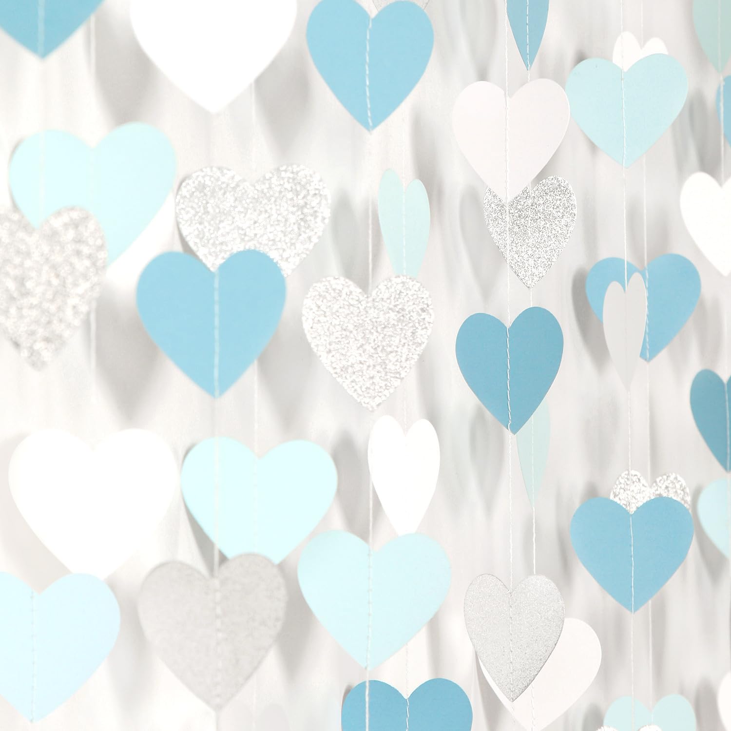 Light-Blue White-Silver Party-Decoration Heart Garland - 52ft Baby Boy Shower Birthday Streamers,Graduation Bachelorette Bridal Christmas Banner Decor Lasting Surprise