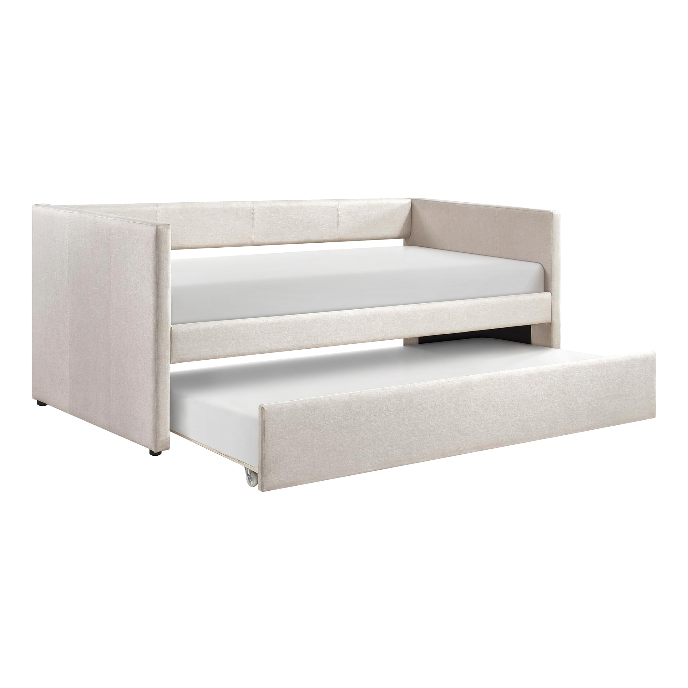 Lexicon Upholstered Daybed with Trundle, Textured Fabric Twin Day Bed Frame with Backrest and Wood Slat Support, Twin Trundle Daybed Sofa Bed for Bedroom Guest Room, No Box Spring Needed, Beige