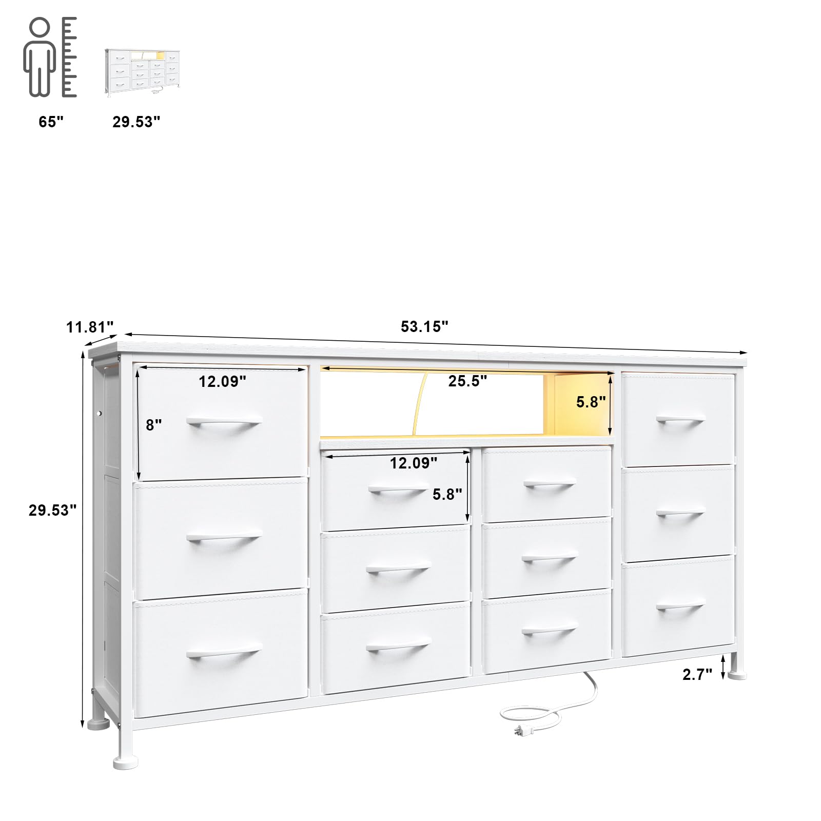 WODRAWER TV Stand Dresser for Bedroom with 12 Drawers for 60" TV, Fabric Drawers Entertainment Center with Power Outlets & LED Lights & Open Shelves, Long Dresser for Console, Living Room