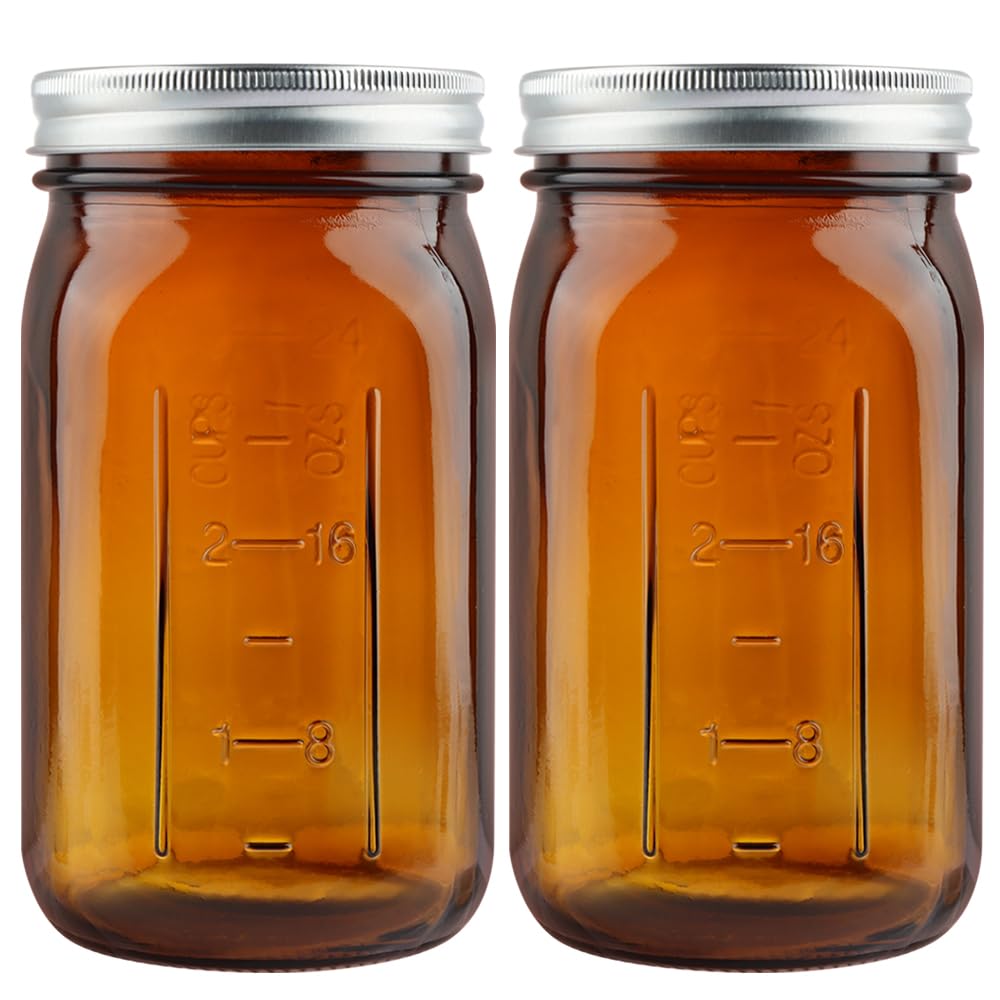 CARBLIN 2 Pack Mason Jars 32 oz, Amber Wide Mouth Canning Jars with Airtight Lids, Glass Pint Jars with Bands Labels Brush, Large Storage Quart Jars for Jam Fermenting Preserving