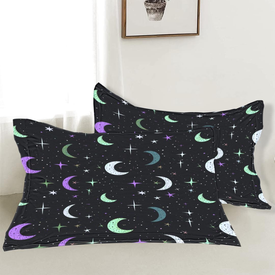 DiuuDi Cosmic Starry Duvet Cover Twin Size 3D Printed Black Background Duvet Cover Set Purple Moon White Stars Bedding Set Home Decoration Comforter Cover Cosy Quilt Cover with 2 Pillowcases