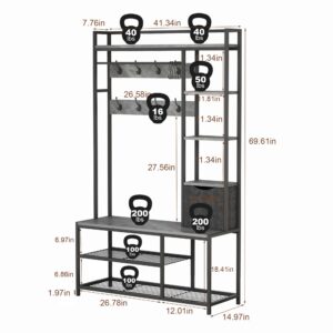 GarveeHome Hall Tree Shoe Bench With Storage, 5 In 1 Coat Rack Freestanding, Entryway Bench With Storage, Coat Rack With Shoe Storage, Hall Tree With 12 Hooks for Entryway, Hallway