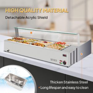 ROVSUN 96QT Steam Table, 12-Pan Electric Commercial Food Warmer Stainless Steel Bain Marie Countertop w/Glass Shield Temperature Control & Lid for Buffet Party Catering Restaurant 8QT/Pan 1500W 110V