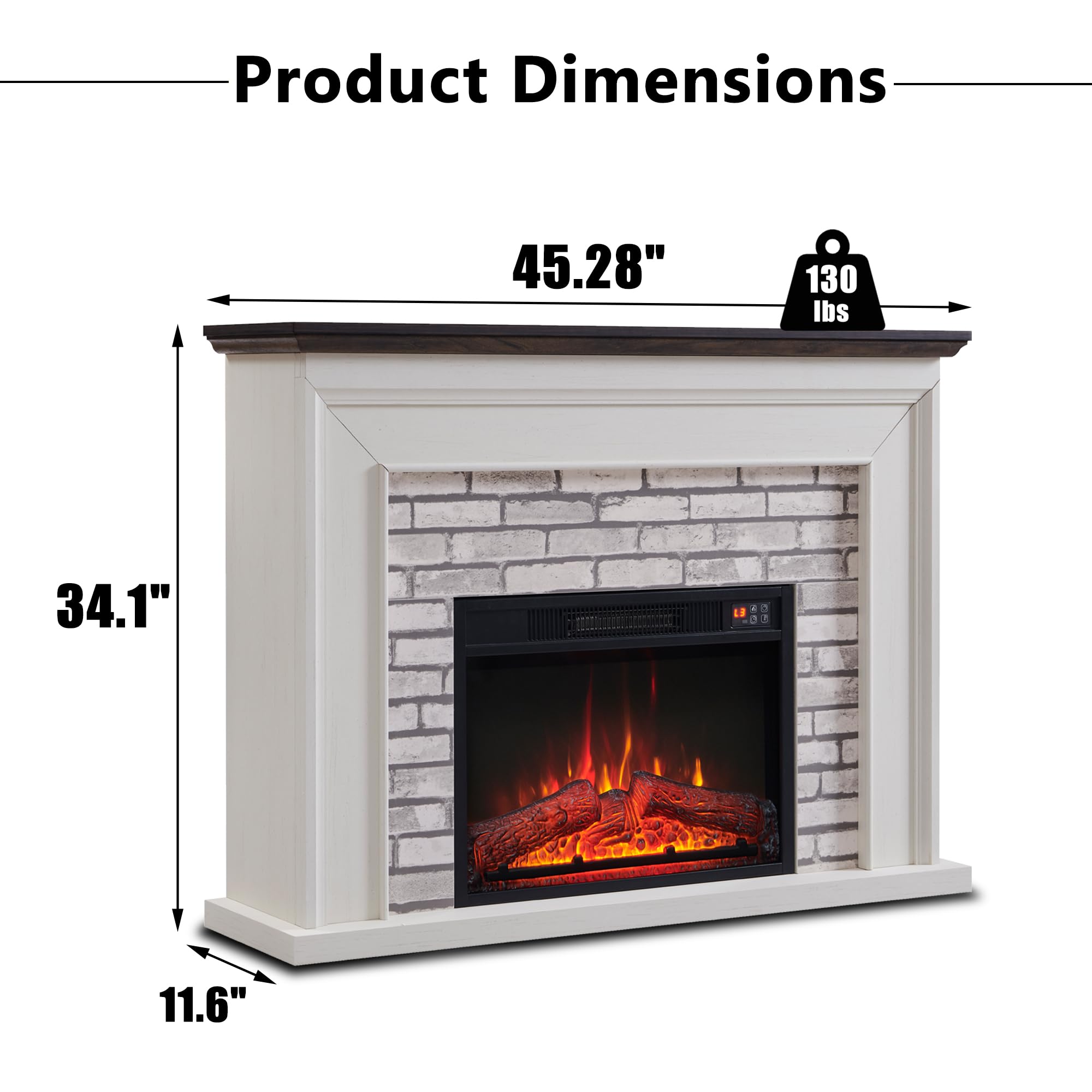 Aitjunz 45" Flip Top Electric Fireplace with Mantel, Electric Fireplace Heater, TV Stand with Freestanding Electric Fireplace, Remote Control, Adjustable Flame Level for Living Room (White)