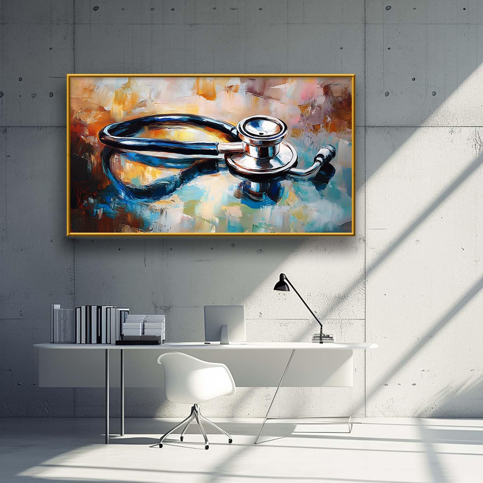 Stethoscope Canvas Wall Art,Medical Wall Art,Orange And Blue Wall Art,Framed Wall Art,Modern Bedroom Decor,Medical Office Wall Art (Gold Metal Framed, 48"Wx27"H/122x68cm)