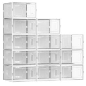 12 pack xx large shoe organizer storage boxes for closet, modular space saving shoe boxes clear plastic stackable sneaker containers display case with lids, white